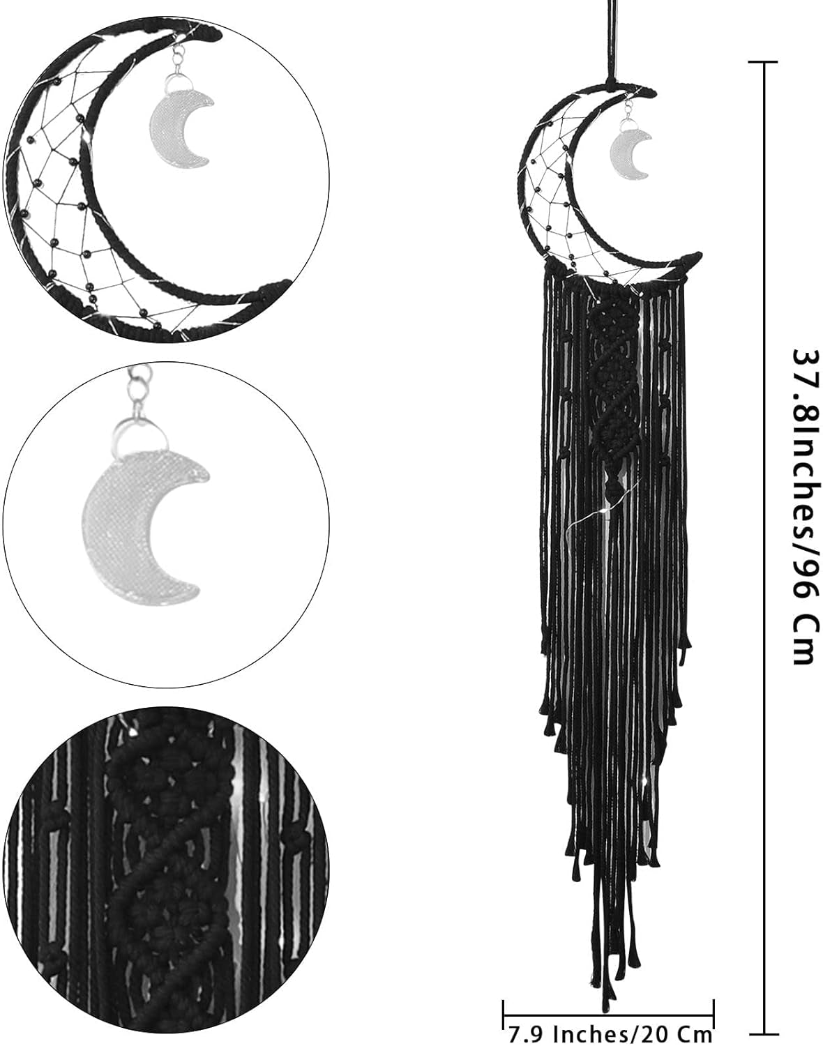 Black Macrame Moon Dream Catcher, Witchy Crescent Phase Woven Wall Hanging with Light, Handmade Gothic Bohemian Nursery Decor with Star Decoration for Home Bedroom, for Girl Kids