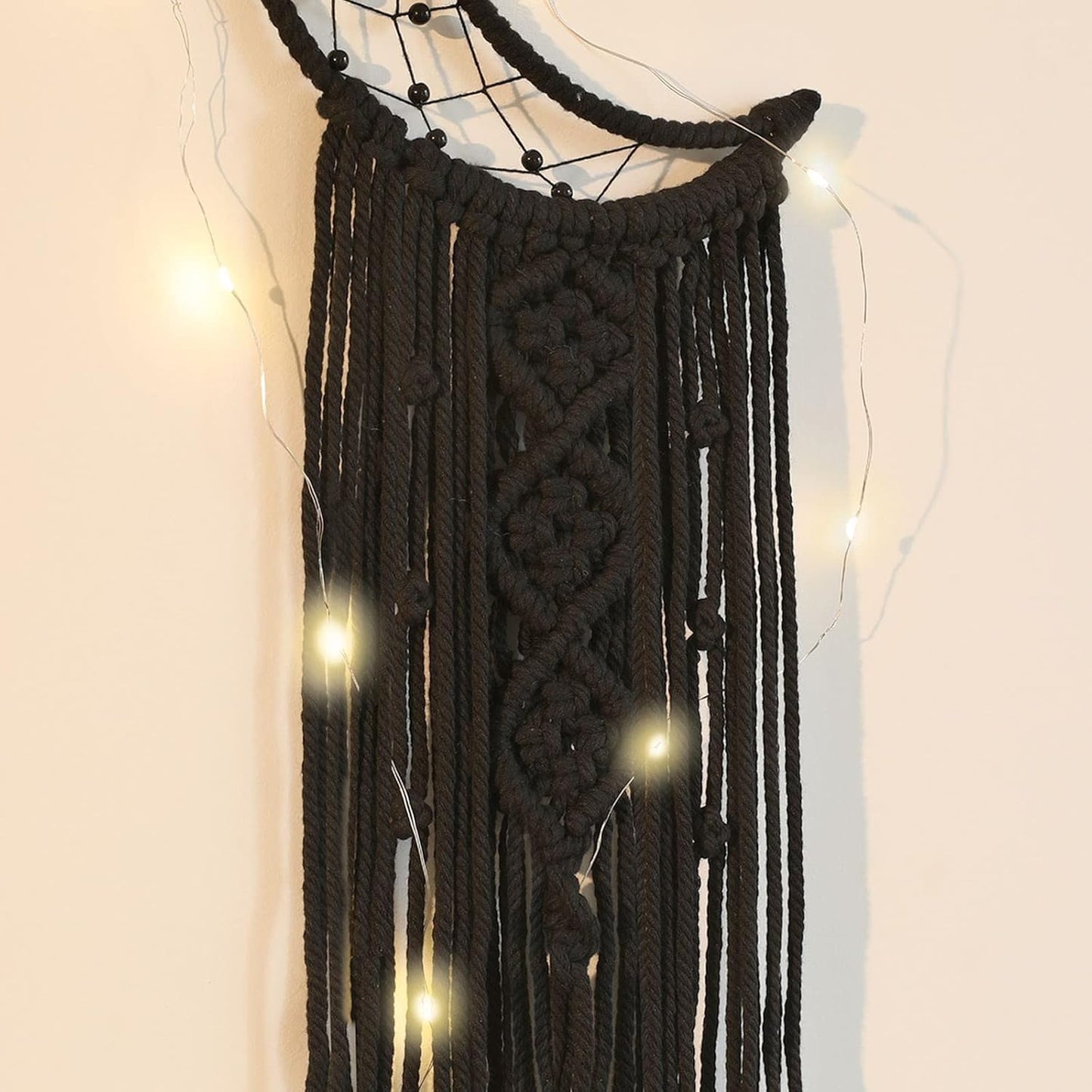 Black Macrame Moon Dream Catcher, Witchy Crescent Phase Woven Wall Hanging with Light, Handmade Gothic Bohemian Nursery Decor with Star Decoration for Home Bedroom, for Girl Kids