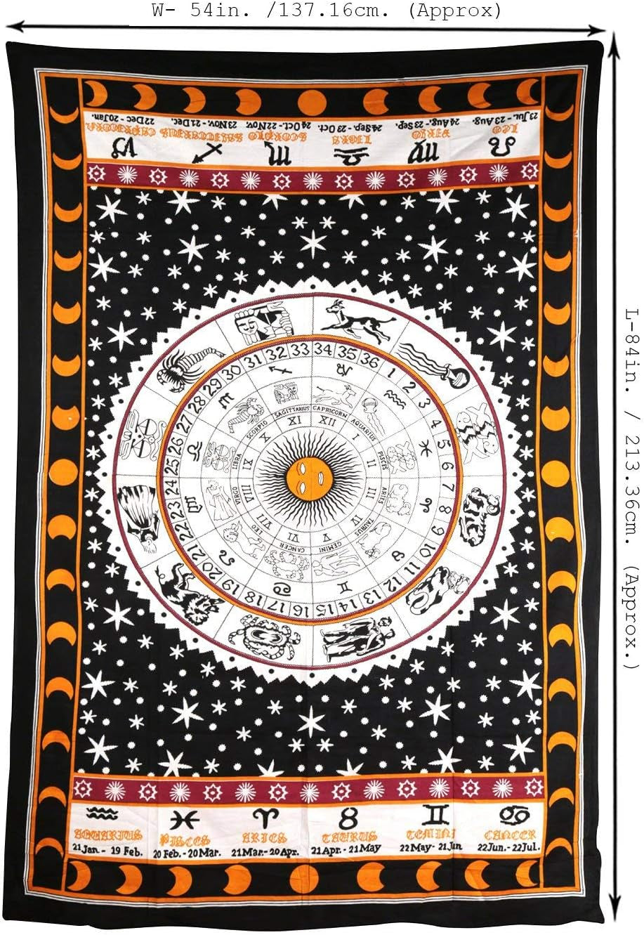 Cotton Zodiac Sun Moon Tapestry Celestial Black and White Constellation Tapestry for Wall Hanging Decor 84X54 Inches