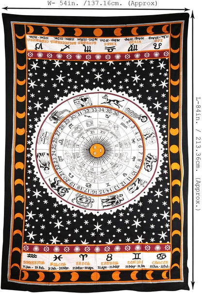 Cotton Zodiac Sun Moon Tapestry Celestial Black and White Constellation Tapestry for Wall Hanging Decor 84X54 Inches