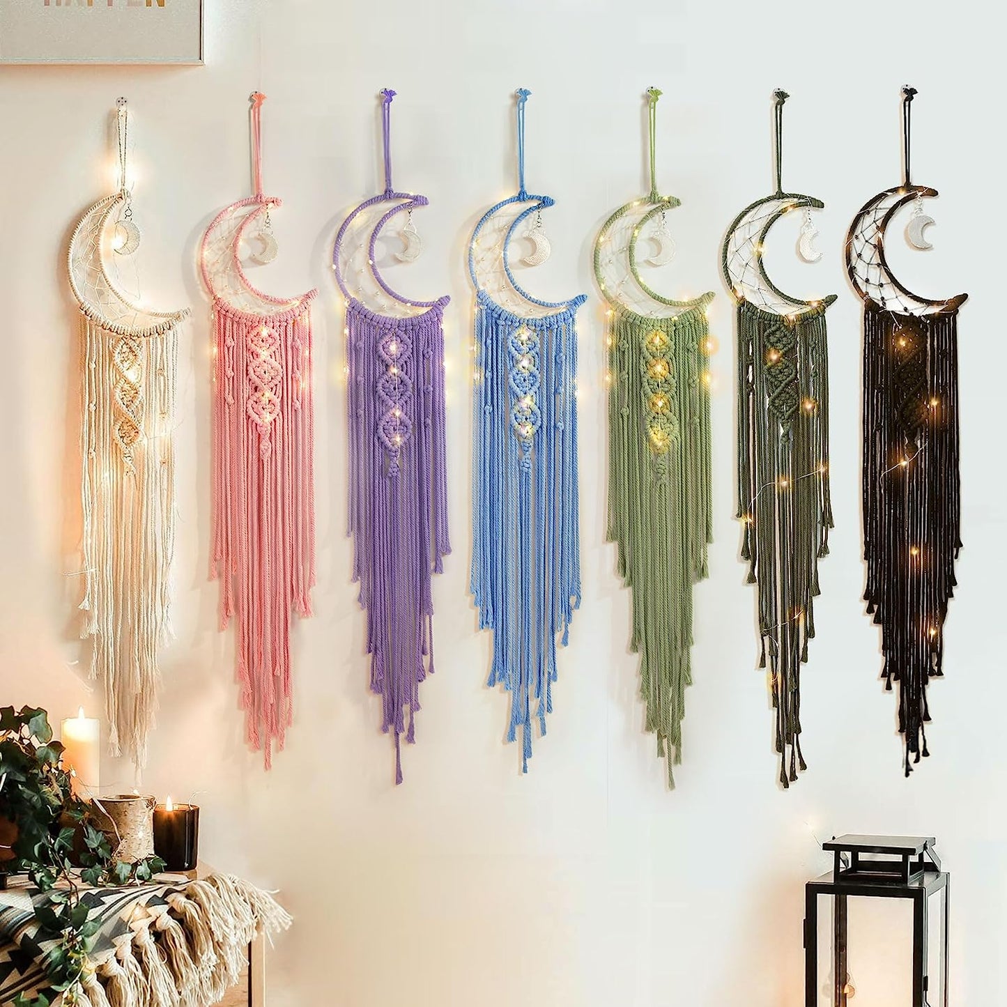 Black Macrame Moon Dream Catcher, Witchy Crescent Phase Woven Wall Hanging with Light, Handmade Gothic Bohemian Nursery Decor with Star Decoration for Home Bedroom, for Girl Kids