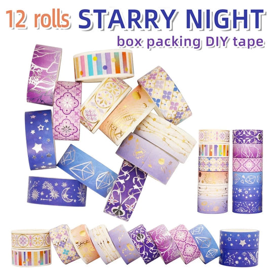 9.84Ft 12 Rolls Gold Foil Washi Tape - 15Mm Wide Japanese Masking Tape for Arts, DIY Crafts, Bullet Journal Supplies, Planners, Scrapbook, Card/Gift Wrapping -15Mm- (Purple Night 12 Rolls)