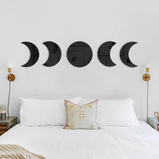 Moon Phases Mirror Set Boho Decor Halloween Scandinavian Natrual Black Wall Decorations Nordic Style Moon Wall Sticker Interior Design for Home Living Bed Room Nursery, Not Real Mirror