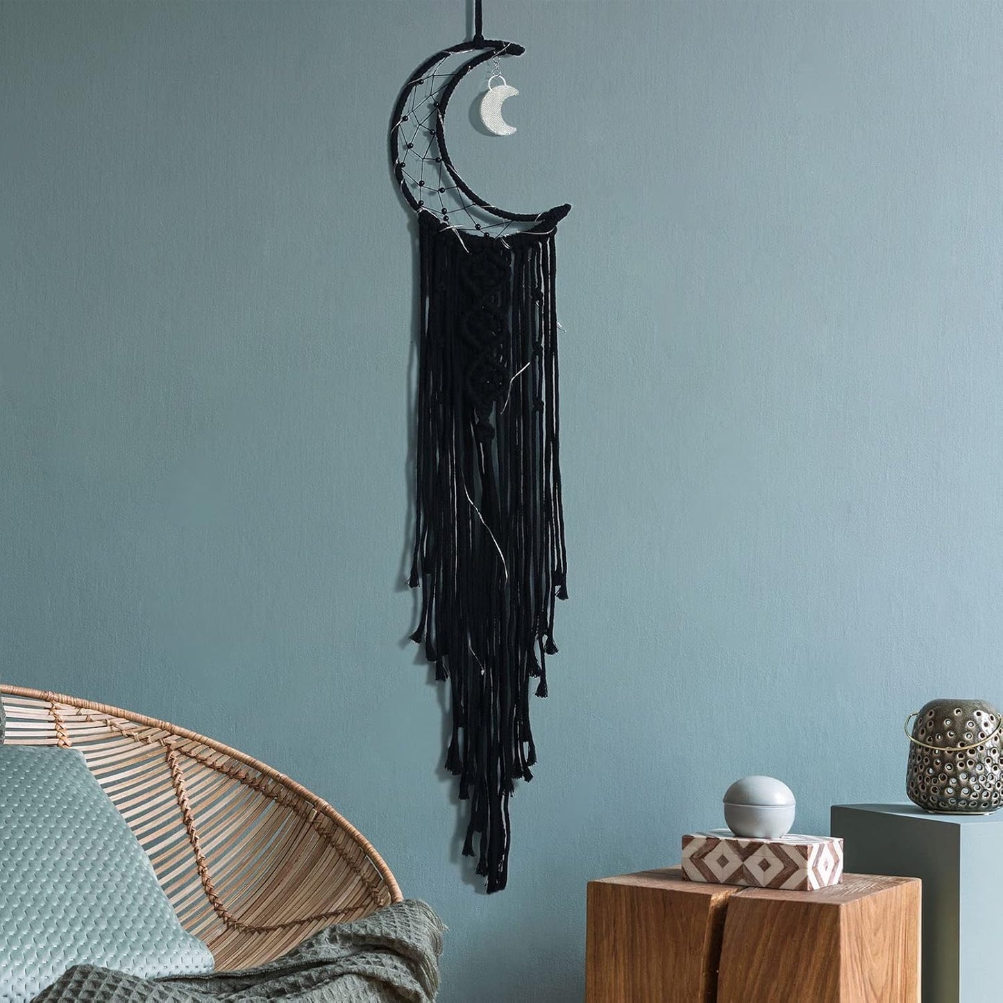 Black Macrame Moon Dream Catcher, Witchy Crescent Phase Woven Wall Hanging with Light, Handmade Gothic Bohemian Nursery Decor with Star Decoration for Home Bedroom, for Girl Kids