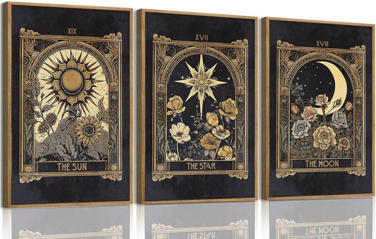 Sun and Moon Canvas Wall Art Celestial Framed Wall Art Dark Vintage Tarot Card P