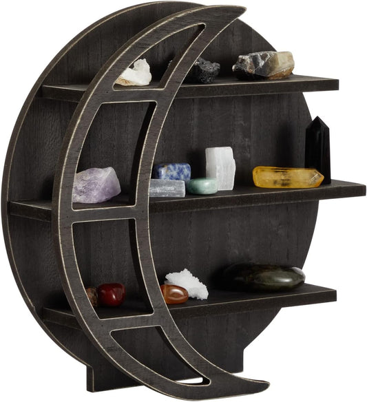 Wooden Moon Shelf - Black Moon Stone Crystal Display Shelf for Rustic Home Wall