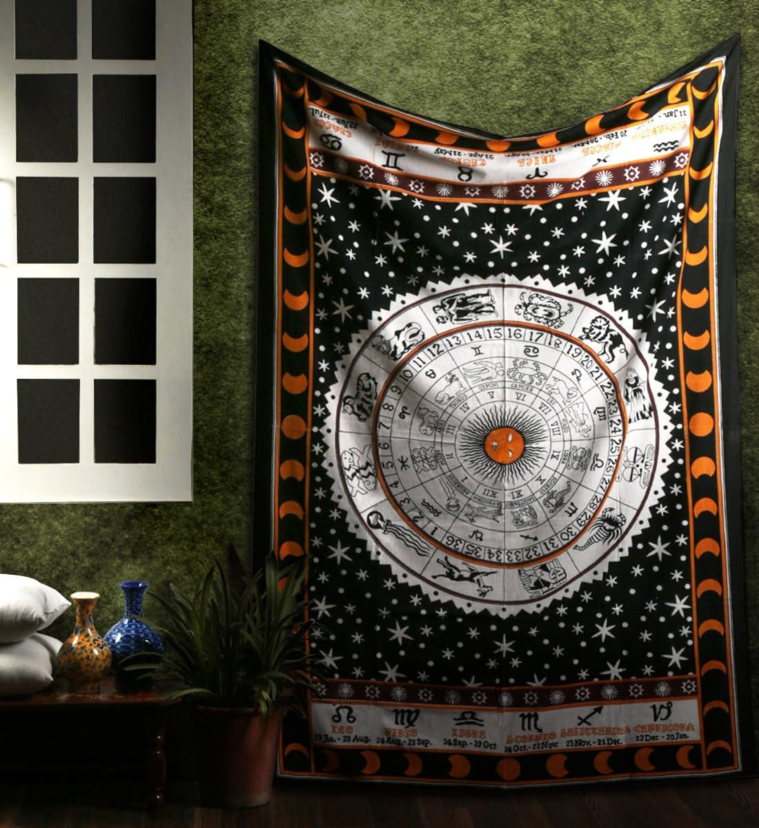 Cotton Zodiac Sun Moon Tapestry Celestial Black and White Constellation Tapestry for Wall Hanging Decor 84X54 Inches