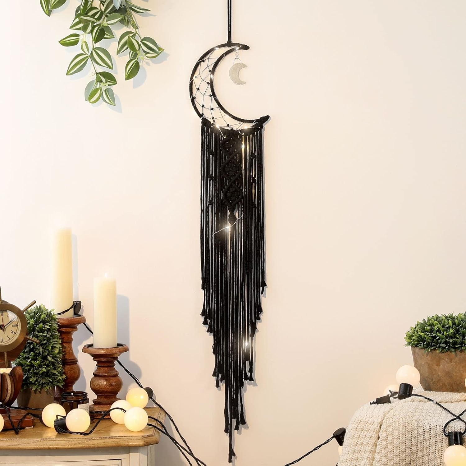 Black Macrame Moon Dream Catcher, Witchy Crescent Phase Woven Wall Hanging with Light, Handmade Gothic Bohemian Nursery Decor with Star Decoration for Home Bedroom, for Girl Kids