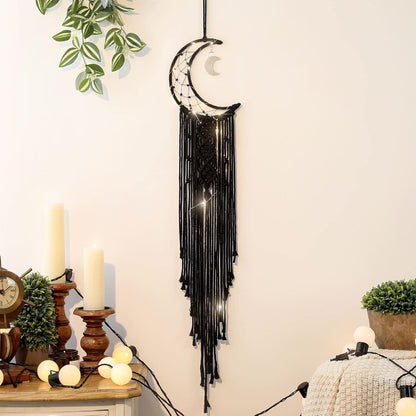 Black Macrame Moon Dream Catcher, Witchy Crescent Phase Woven Wall Hanging with Light, Handmade Gothic Bohemian Nursery Decor with Star Decoration for Home Bedroom, for Girl Kids