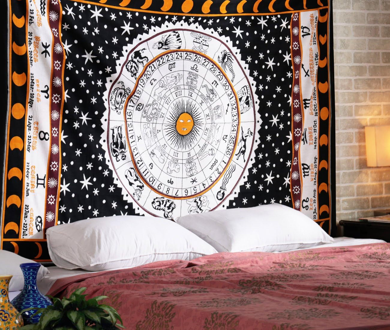 Cotton Zodiac Sun Moon Tapestry Celestial Black and White Constellation Tapestry for Wall Hanging Decor 84X54 Inches