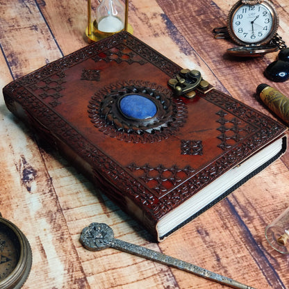 Leather Journal Writing Notebook Semi-Precious Stone Diary for Men Women Unlined Papers, Book of Shadow Witch Sketchbook Gift for Artist Writers by , Brown