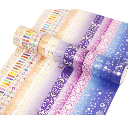 9.84Ft 12 Rolls Gold Foil Washi Tape - 15Mm Wide Japanese Masking Tape for Arts, DIY Crafts, Bullet Journal Supplies, Planners, Scrapbook, Card/Gift Wrapping -15Mm- (Purple Night 12 Rolls)