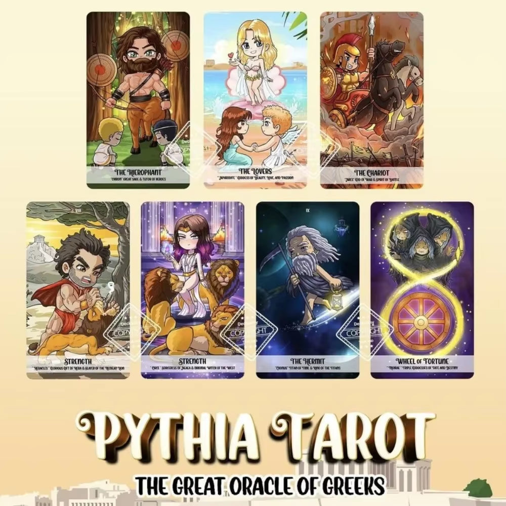 12*7Cm Pythia Tarot | Unique Indie Tarot Deck for Beginners | the Greek Gods | Myth Zeus Athena Hecate | Cute Fairytale Cartoon