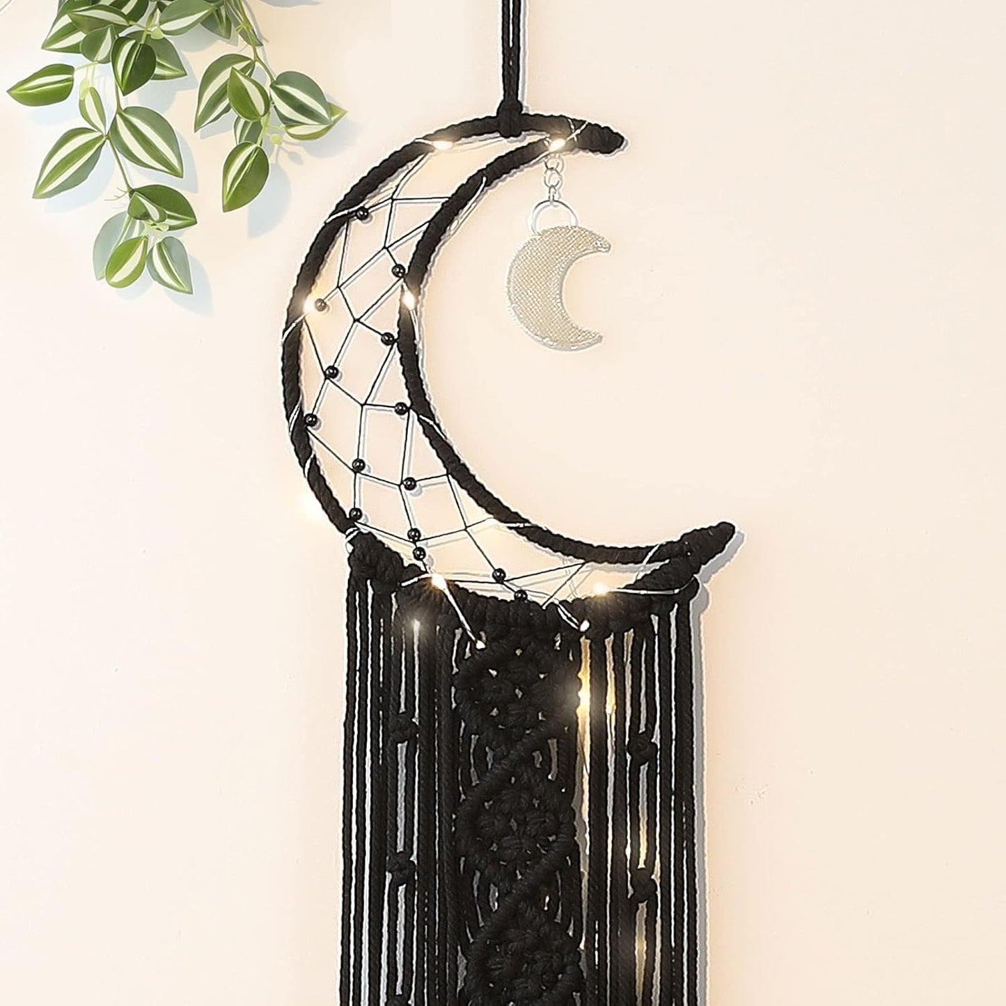 Black Macrame Moon Dream Catcher, Witchy Crescent Phase Woven Wall Hanging with Light, Handmade Gothic Bohemian Nursery Decor with Star Decoration for Home Bedroom, for Girl Kids