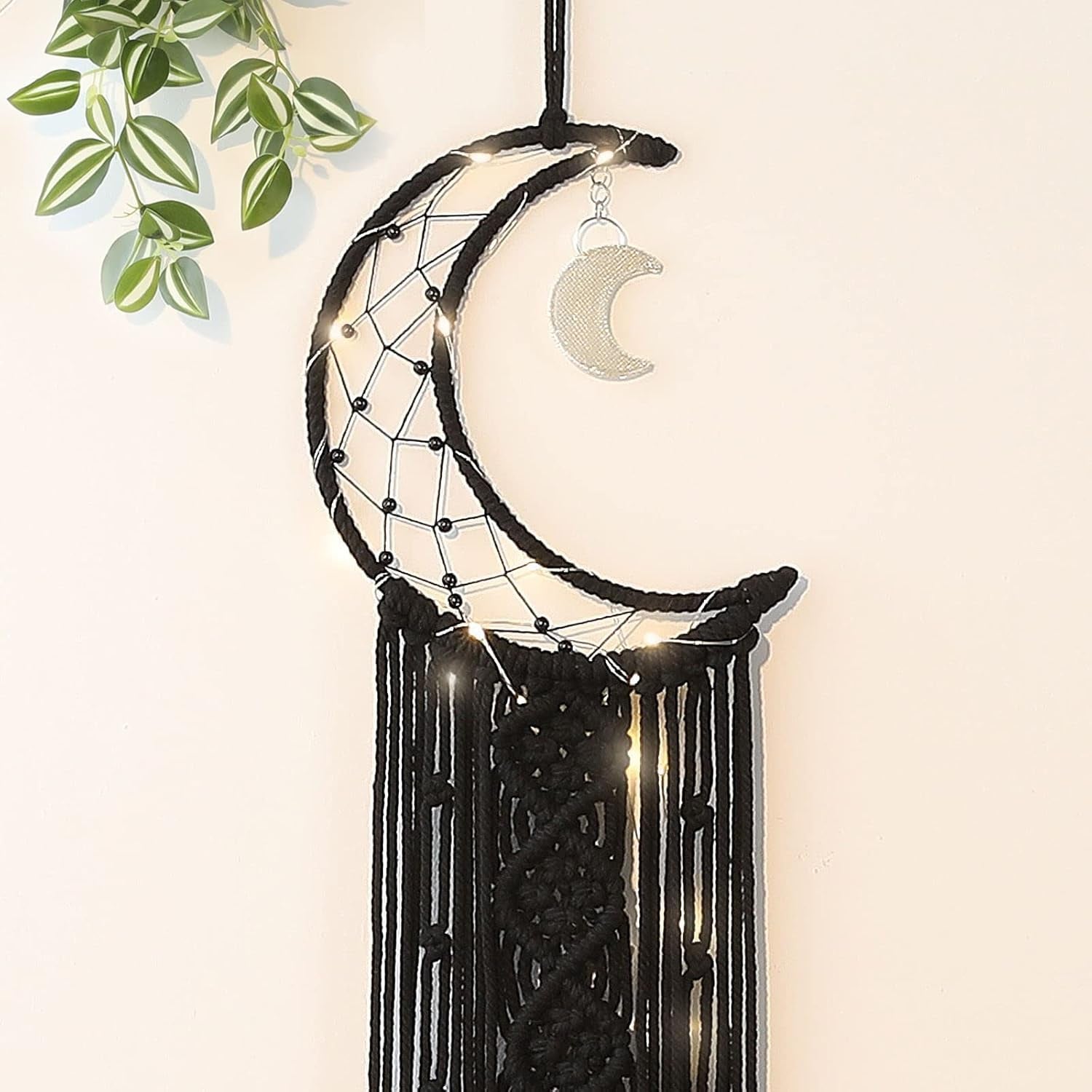 Black Macrame Moon Dream Catcher, Witchy Crescent Phase Woven Wall Hanging with Light, Handmade Gothic Bohemian Nursery Decor with Star Decoration for Home Bedroom, for Girl Kids