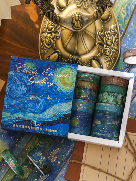 10Pcs, Washi Tape - Vintage Watercolor Washi Tape Set with Gold Color Foil - Aesthetic Decorative Tape, Scrapbook, DIY Crafts