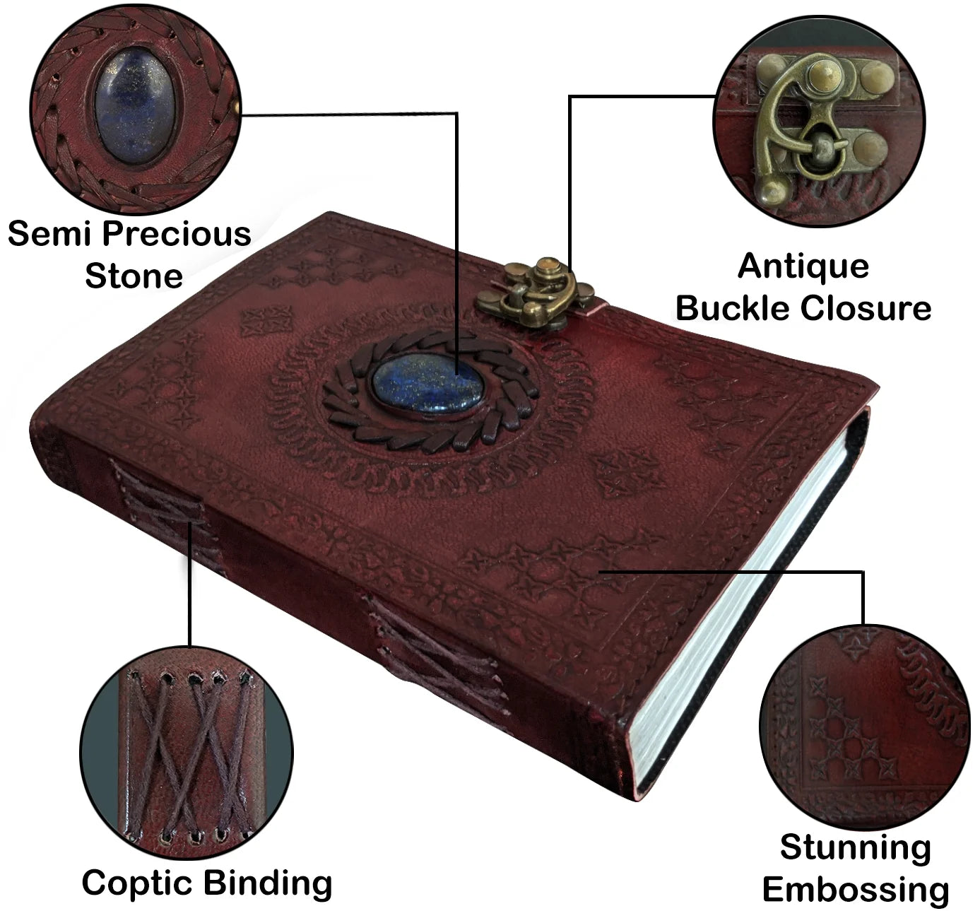 Leather Journal Writing Notebook Semi-Precious Stone Diary for Men Women Unlined Papers, Book of Shadow Witch Sketchbook Gift for Artist Writers by , Brown