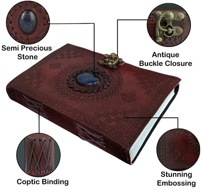 Leather Journal Writing Notebook Semi-Precious Stone Diary for Men Women Unlined Papers, Book of Shadow Witch Sketchbook Gift for Artist Writers by , Brown