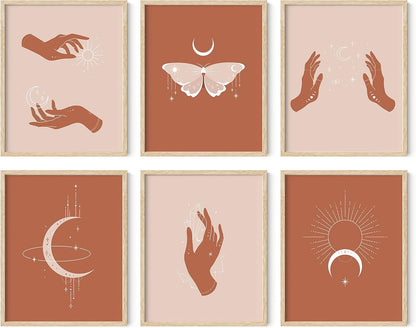 Astrology Posters and Celestial Decor - Set of 6 Sun and Moon Art Spiritual Boho Prints | Sun Wall at Posters Spiritual Wall Art Astrology Boho Art Print UNFRAMED 8"X10"