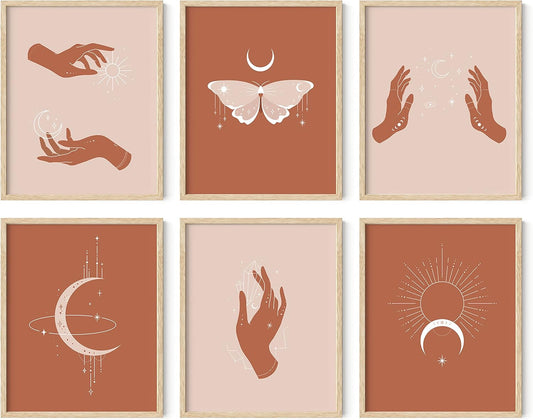 Astrology Posters and Celestial Decor - Set of 6 Sun and Moon Art Spiritual Boho Prints | Sun Wall at Posters Spiritual Wall Art Astrology Boho Art Print UNFRAMED 8"X10"