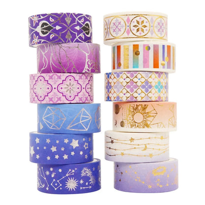9.84Ft 12 Rolls Gold Foil Washi Tape - 15Mm Wide Japanese Masking Tape for Arts, DIY Crafts, Bullet Journal Supplies, Planners, Scrapbook, Card/Gift Wrapping -15Mm- (Purple Night 12 Rolls)